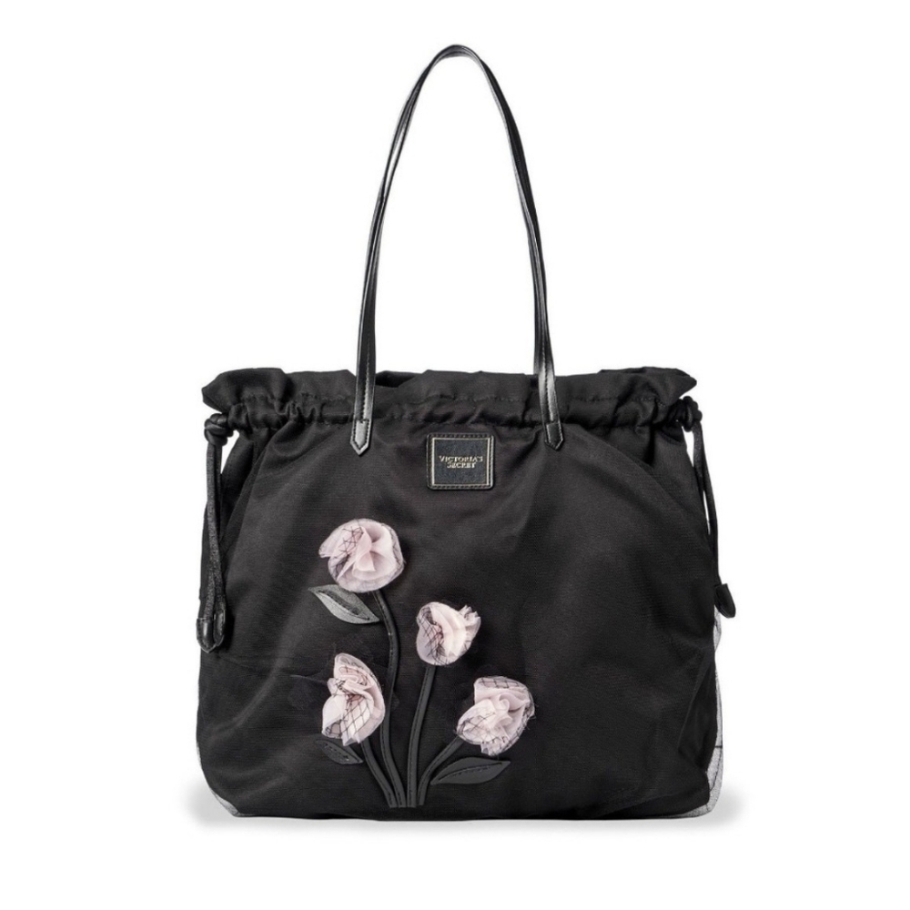 Victoria's Secret VS Tease Black Sheer Tulle Gardenia Floral Tote Bag Large NEW